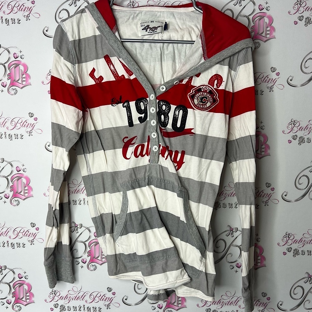 4her by Carl Banks long sleeve Calgary flames NHL hockey 🏒 Red and Gray Hoodie